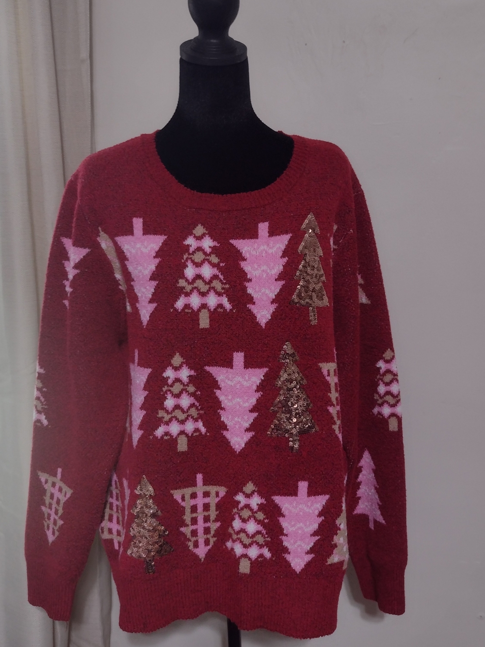 Red Holiday Tree Knit Sweater Gold Sequence Sz 16/18